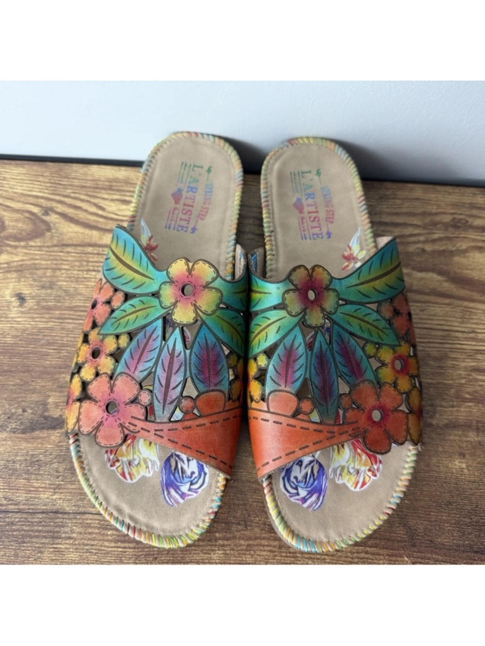 L'Artiste Soloa Spring Step Sandals Size 41 US 9.5 10 Slip On Leather Floral - Picture 6 of 10